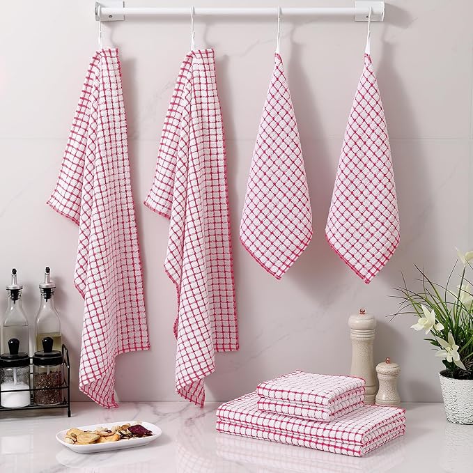 Homaxy Kitchen Towels and Dishcloths Set, 16 x 25 and 12 x 12 Inches, Set of 12 Cotton Terry Kitchen Dish Towels, Super Soft and Absorbent Dish Cloths, Red