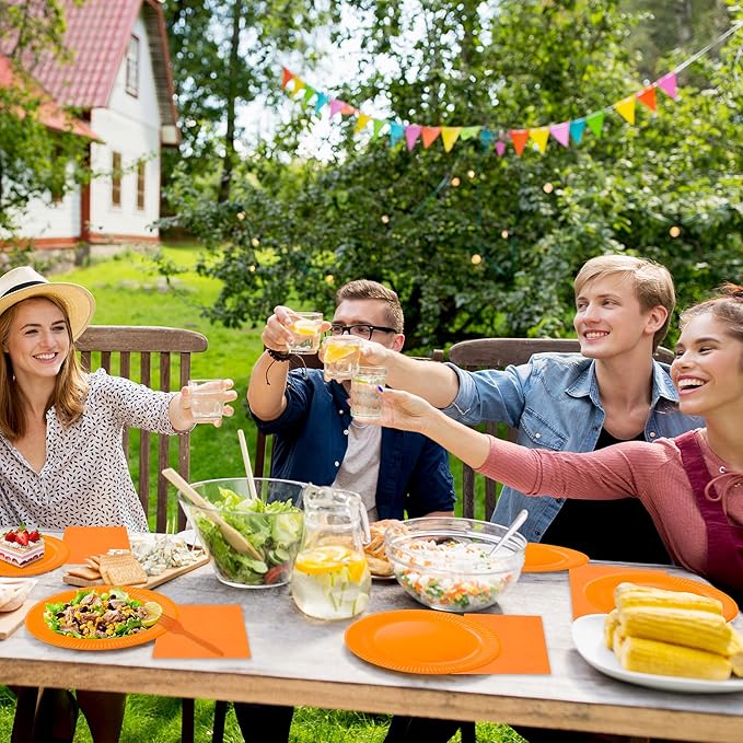 210pcs Orange plates and napkins party supplies - Plastic Silverware Cutlery, Paper Cups and Plates, Napkins Suitable for parties and birthdays Serves 30 (Orange)