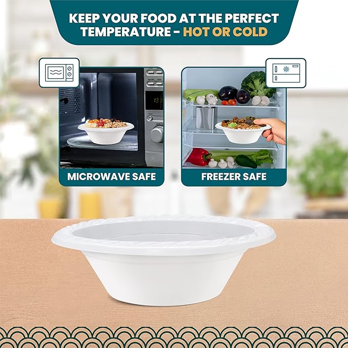 R-kay White Plastic Bowls - 200 Count Microwavable Disposable Bowls - Strong Heavy Duty And Sturdy (12 OZ, 200)