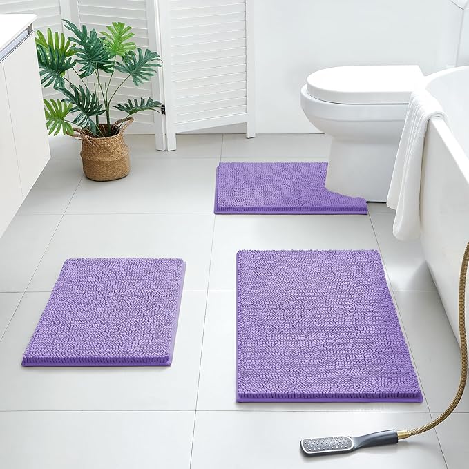 BYSURE Lavender Bathroom Rugs Sets 3 Piece Non Slip Extra Absorbent Plush Chenille Soft Washable Bath Mats