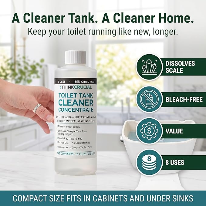 Think Crucial Toilet Tank Cleaner Concentrate — 35% Citric Acid, 8 Uses, Bleach-Free, No Blue Dye, Septic Safe — 16 fl oz