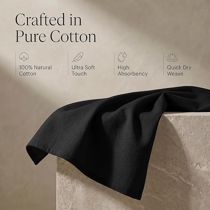Urban Villa Kitchen Towels 100% Cotton Dish Towels for Kitchen(Set of 6) 20”x30” Dish Cloths Highly Absorbent Kitchen Linen Set with Hanging Loop Perfect for Drying Dishes Cleaning Hand Towels – Black
