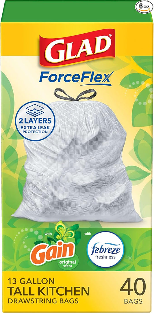 Glad ForceFlex Tall Kitchen Trash Bags, 13 Gallon, Gain Original, 40 Count (Package May Vary) (Pack of 6)