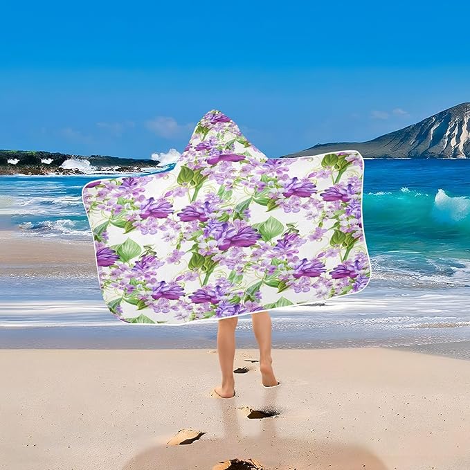 CEBUGI Purple Flowers Hooded Bath Towel for Kids Absorbent Soft Bath Towel Wrap with Hood 50x23.5in Pool Beach Shower Towel for Boys Girls