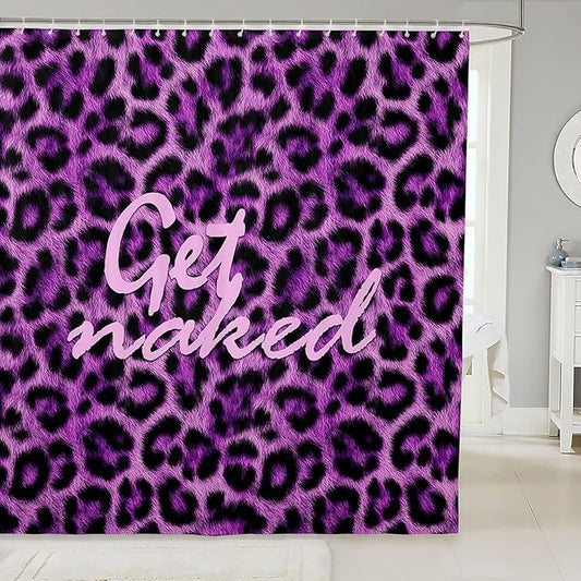 Feelyou Leopard Print Get Naked Shower Curtain for Bathroom Decor Funny Quotes Bath Curtain Purple Bathroom Accessories Cheetah Waterproof Polyester Fabric for Stalls Bathtubs 72"x84"