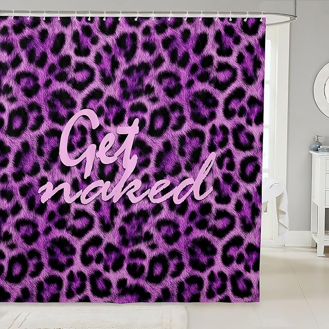 Feelyou Leopard Print Get Naked Shower Curtain for Bathroom Decor Funny Quotes Bath Curtain Purple Bathroom Accessories Cheetah Waterproof Polyester Fabric for Stalls Bathtubs 72"x72"