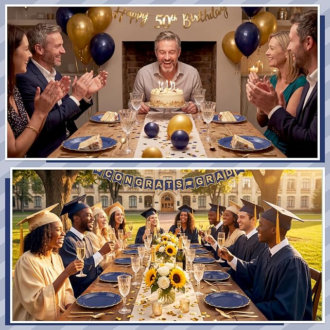 NatNarr 30 Pcs Navy Blue Paper Plates 9 Inch Scalloped Blue and Gold Party Plates Cute Dessert Cake Plate for Men Birthday, Fathers Day, Graduation
