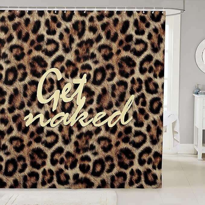 Feelyou Leopard Print Get Naked Shower Curtains Funny Quotes Bathroom Curtain for Kids Women Men Brown Bathroom Accessories Cheetah Waterproof Polyester Fabric for Stalls Bathtubs 72"x72"