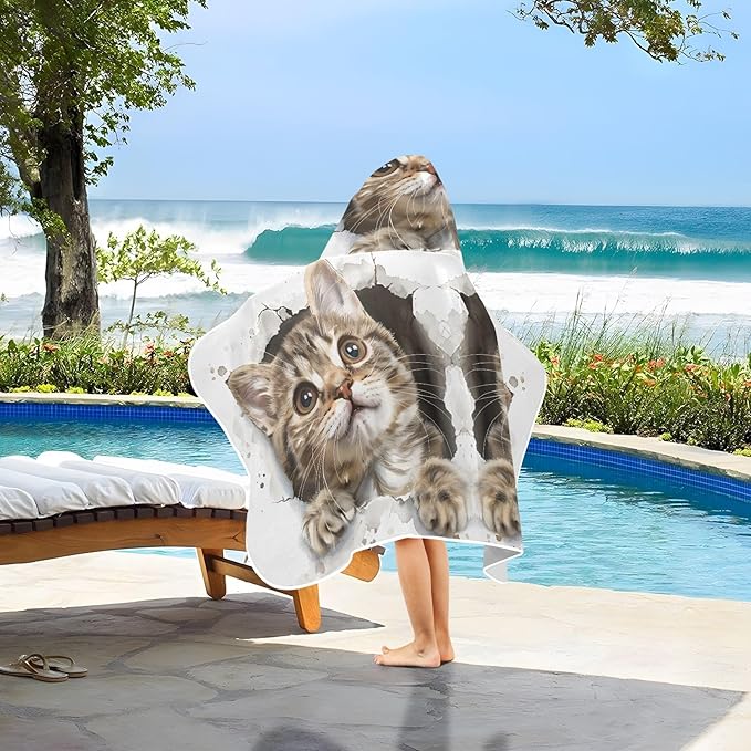 Hooded Towel for Kids Cat in Wall Beach Wrap Bath Towels 50x23.5in