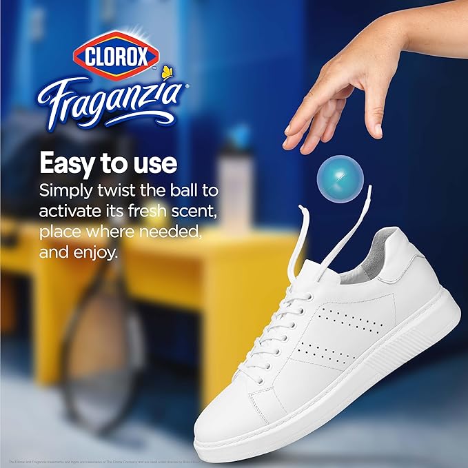 Clorox Fraganzia Deodorizing Balls for Shoes and Small Spaces, Twist-to-Activate No-Plug Odor Refresher Pods for Gym Bags, Lockers, Drawers, and Hampers, Ocean Breeze, 6 Count