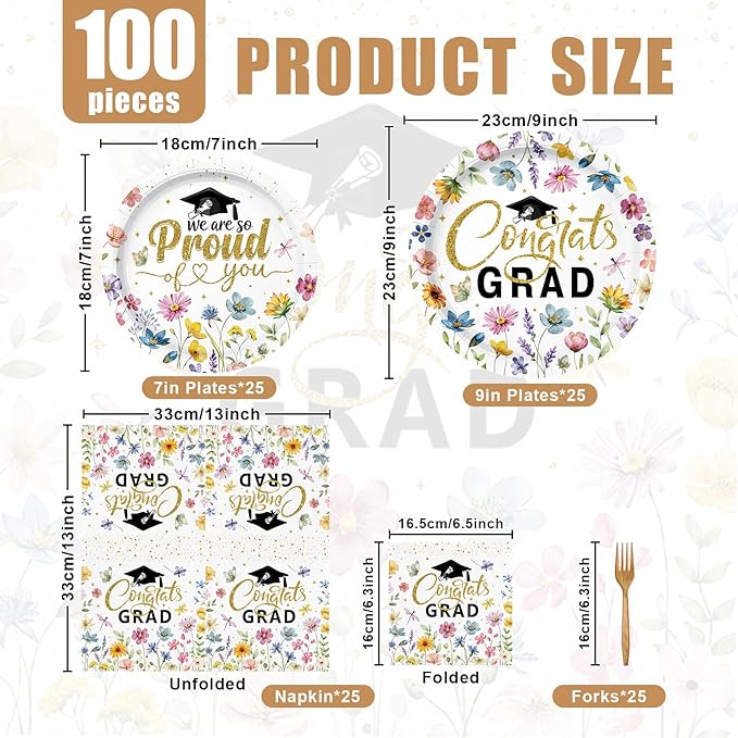 100 Pieces Graduation Party Tableware Set – Congrats Grad Floral Plates, Napkins and Forks, Wildflower Disposable Dinnerware for Class of 2026 Graduation Party Supplies