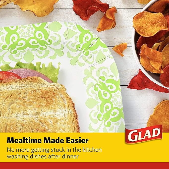 Glad Square Heavy Duty Paper Plates, Soak Proof and Cut Proof Disposable Plates for Parties and Everyday Meals, Microwaveable for Easy Serving, Green Victorian Pattern, 10 Inch, 50 Count - 12 Pack
