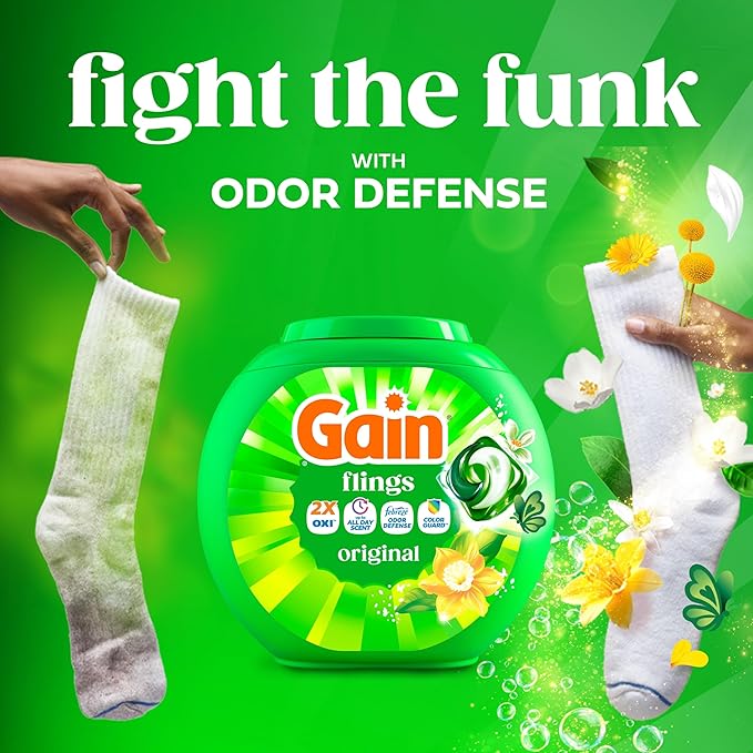 Gain Flings Liquid Washing Detergent Pacs, Now with Odor Defense + Color Guard, Original Scent, 4-In-1 Liquid Laundry Detergent Pods, Clean & Fresh, 76 Count (Packaging May Vary)