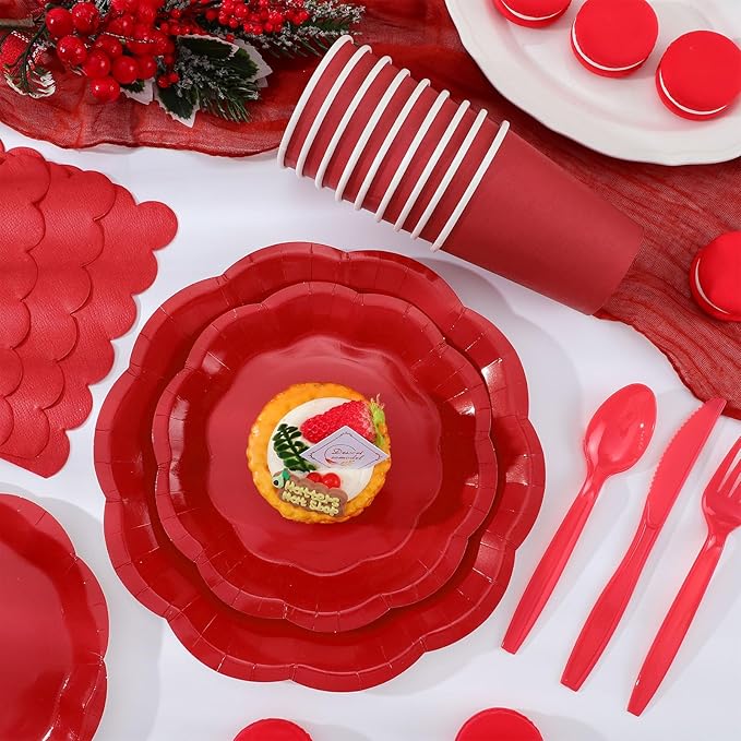NatNarr 175 Pcs Red Paper Plates and Napkins Set Include 9" Dinner Plates, 7" Dessert Plate Disposable Scalloped Tableware Serve 25 Guest for Wedding Baby Shower Bridal Shower Birthday