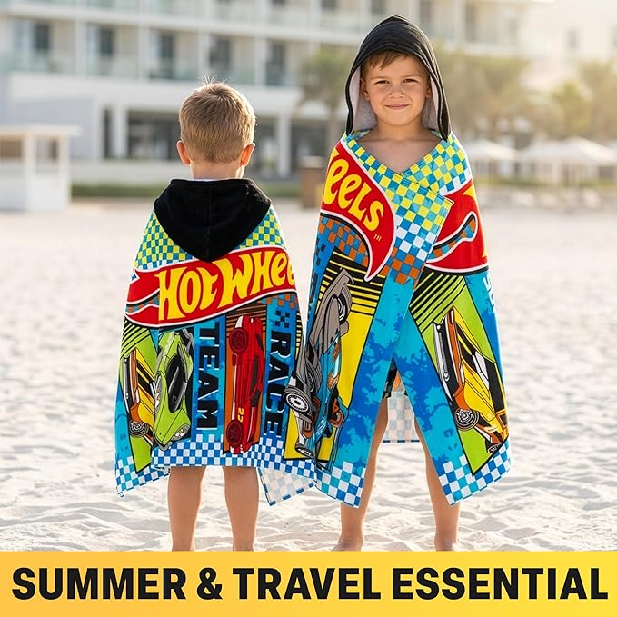 Get Trend Hot Wheels Cars Bath Towels with Hood for Boys, Ages 2-6, One Size Soft and Absorbent Hooded Cotton Beach Towel Wrap, Swimming Pool Poncho, Gifts for Boys (Multi Hot Wheels)