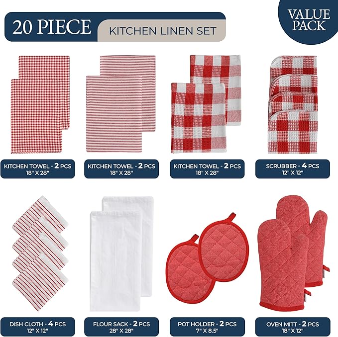 LANE LINEN Cotton Kitchen Towels and Dishcloths 20 Pack - Large Dish Towels Set for Holiday Hosting, Fast Drying Dish Rags, Flour Sack Towels, Versatile Scrubbers & Oven Mitts with Pot Holders - Red