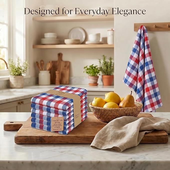 Urban Villa July 4th KitchenTowels Red/Blue/White DishTowels 100% Cotton (Set of 6) 20X30 Inches Buffalo Checks Highly Absorbent Soft Durable Reusable & Washable Kitchen Towels