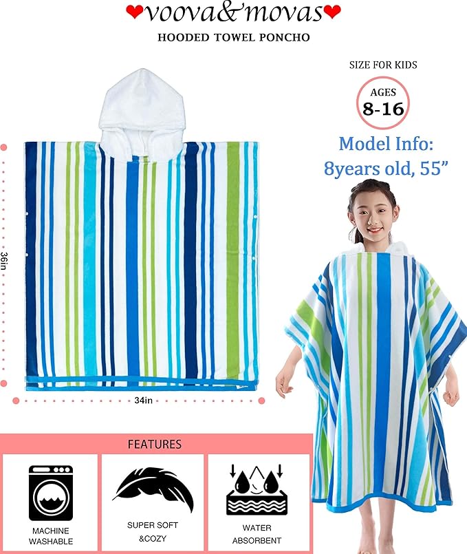 VOOVA & MOVAS Hooded Poncho Towel for Teens Unisex 100% Cotton Vacation Ready Bold Beach Pool Swim Cover Up Blue Green Stripe