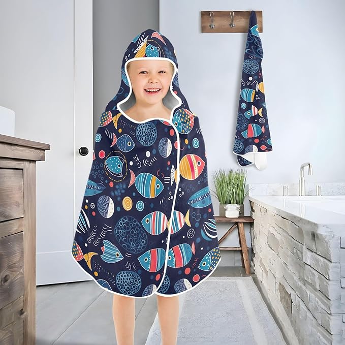 Kids Hooded Towels Colorful Tropical Fish Swimming Beach Towel 23.5" x 50" Bath Towel for Boys Girls 21216192