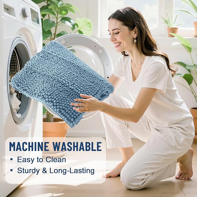 Grandaily Chenille Striped Bathroom Rugs 40x24, Extra Thick and Soft Absorbent Bath Mats, Rubber Backing, Plush Shaggy Shower Carpet, Machine Wash Dry, Bath Rug for Bathroom, Airy Blue