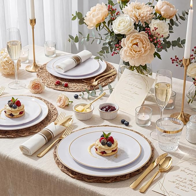 KIRE 60PCS Gold Plastic Plates - Heavy Duty White Disposable Plates with Gold Rim - Include 30Pieces 10.25inch Dinner Plate and 30Pcs 7.5inch Dessert Plate for Wedding/Spring/Graduation/Party