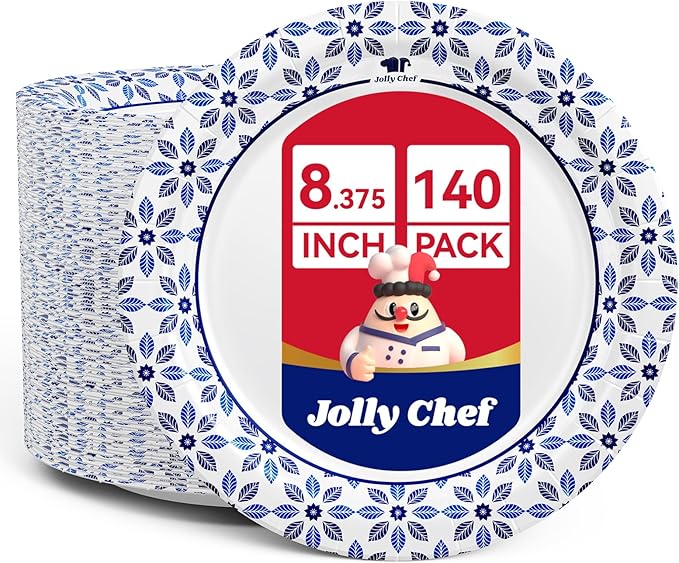 JOLLY CHEF 8.37 inch Disposable Paper Plates 140 Count Soak Proof, Cut Proof, Heavy Duty Printed Disposable Plate for Everyday Use