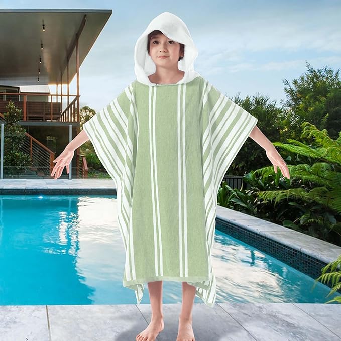 VOOVA & MOVAS Hooded Poncho Towel for Teens Unisex, 100% Cotton Ultra Soft Lightweight Beach Swim Bath Cover Up, Light Green Stripe