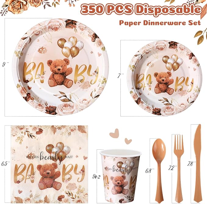 FillTouch 350 Pcs Bear Baby Shower Party Supplies Set Bear Disposable Paper Plates Napkins Cups Knives Forks Spoons for 50 Guests Baby Shower Party Birthday