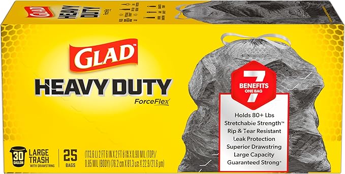 Glad ForceFlex Heavy Duty Large Trash Bags, Hold 80+ lb, 30 Gal, 25 Count, (Pack of 2), (Package May Vary)