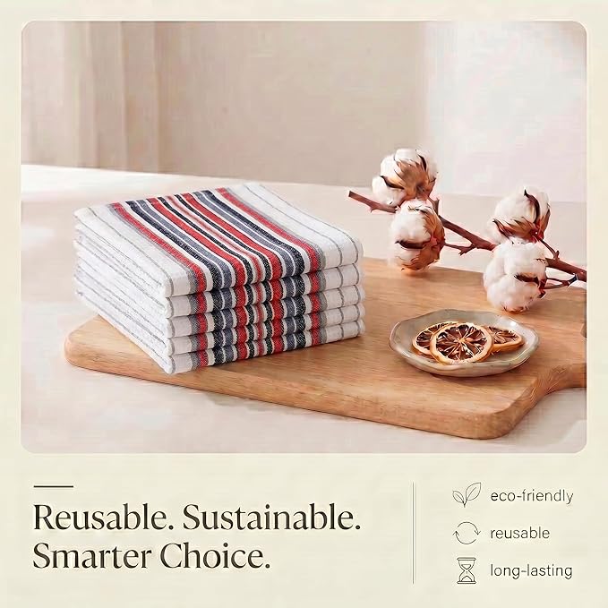 Urban Villa Kitchen Towels, Premium Quality, Cotton Dish Towels,Mitered Corners,Ultra Soft (Size: 20X30 in), White Waffle Stripes, Highly Absorbent Bar Towels & Tea Towels - (Set of 6)