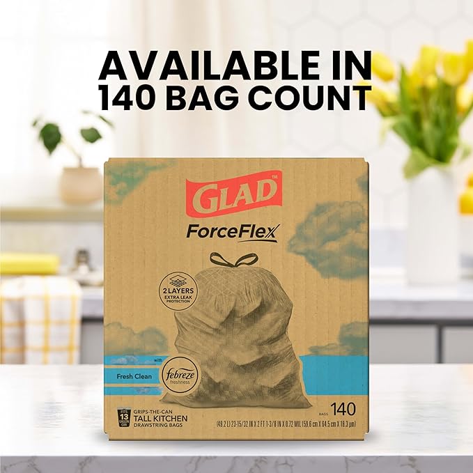 Glad ForceFlex Tall Kitchen Trash Bags, 13 Gallon, Fresh Clean, (Package May Vary),140 Count (Pack of 2)