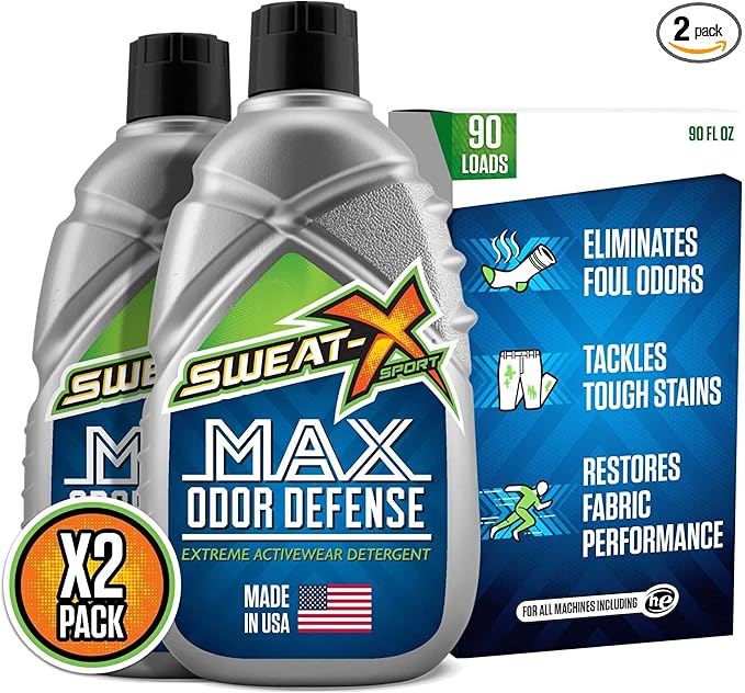SWEAT X Max Odor Defense Laundry Detergent Liquid - Natural Washing Detergent for Activewear & Gym Clothes - Laundry Detergent for Sensitive Skin - Concentrated Detergent, 45 Loads/Bottle (2 Bottles)