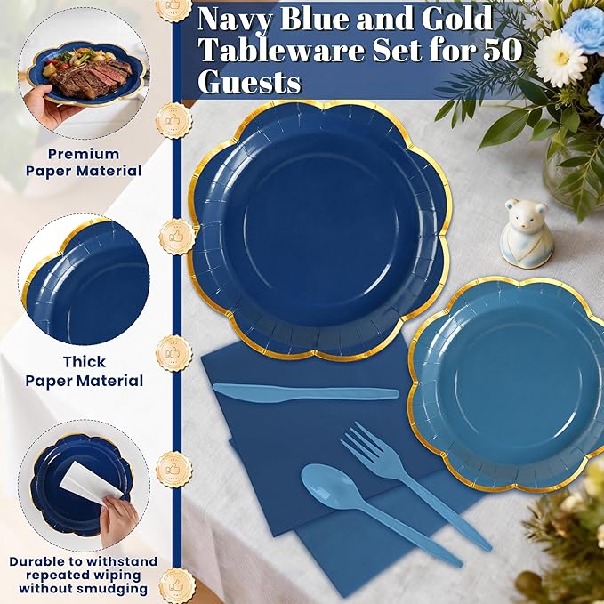 Navy Blue Paper Plates and Napkins Party Supplies for 50 Guest, 350Pcs Blue Scalloped Party Plate with Gold Rim, Blue Disposable Plates Set for Graduation Birthday Party Baby Shower Gender Reveal