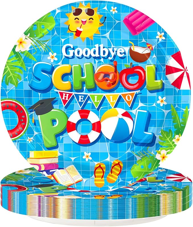 50Pcs Goodbye School Hello Pool Party Decorations Last Day of School's Pool Paper Plates 9" Disposable Summer Class End of School Year Party Decorations for Graduation Preschool Vacation Supplies