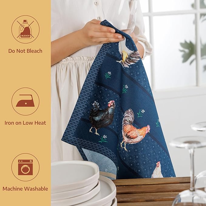 Maison d'Hermine Kitchen Towels Set of 2 100% Cotton 27.50" x 20" Reusable Cloth Tea Dish Towels Absorbent with Hanging Loop for Kitchen, Home, Dining, Cocktail Parties (Meadow Rooster)