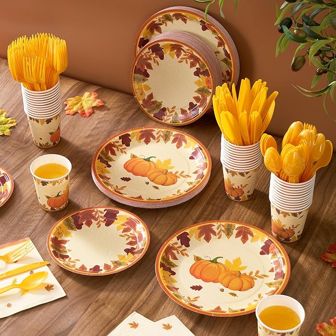 Fijinhom Fall Party Paper Plates Set, 350 PCS Thanksgiving Party Supplies, Disposable Dinnerware Set for 50 Guests, Fall Maple Leaves Pumpkins Paper Plates Napkins Cups for Christmas