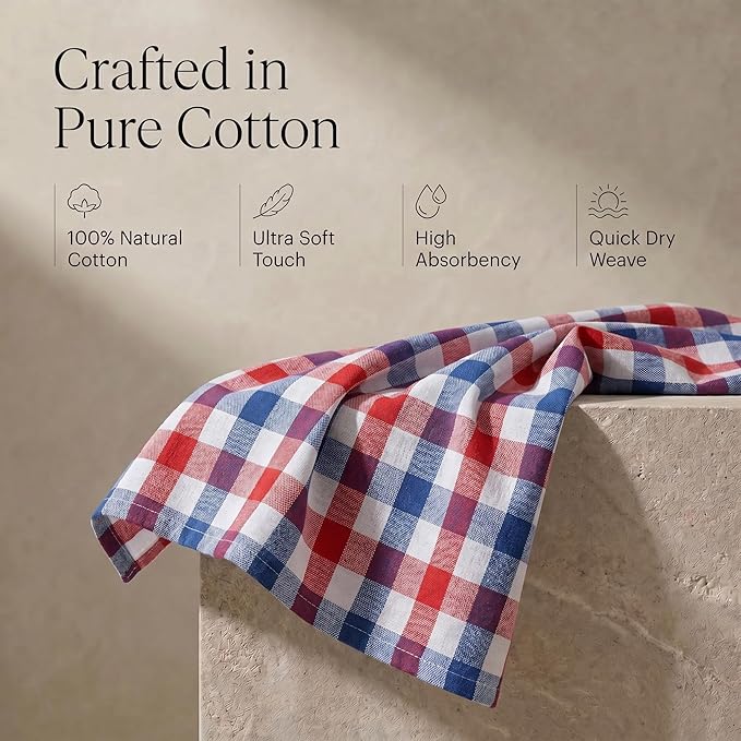 Urban Villa July 4th KitchenTowels Red/Blue/White DishTowels 100% Cotton (Set of 6) 20X30 Inches Buffalo Checks Highly Absorbent Soft Durable Reusable & Washable Kitchen Towels