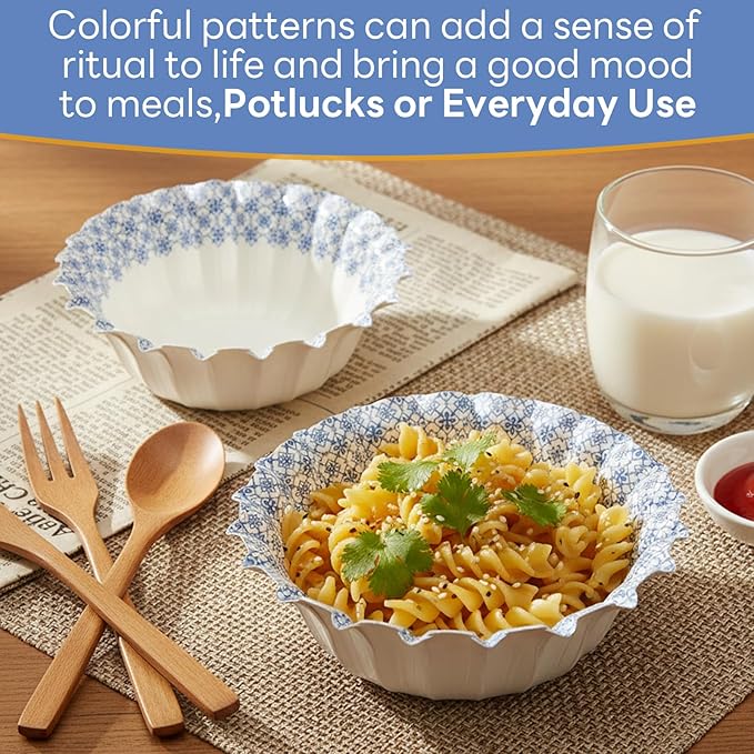 30 Pcs Small Paper Bowls, 8oz Floral Disposable Soup Bowl, Heavy Duty Printed Disposable Bowls For Snack,Dessert,Ice Cream,Salad, Party & Everyday Use(Blue Grid Pattern)