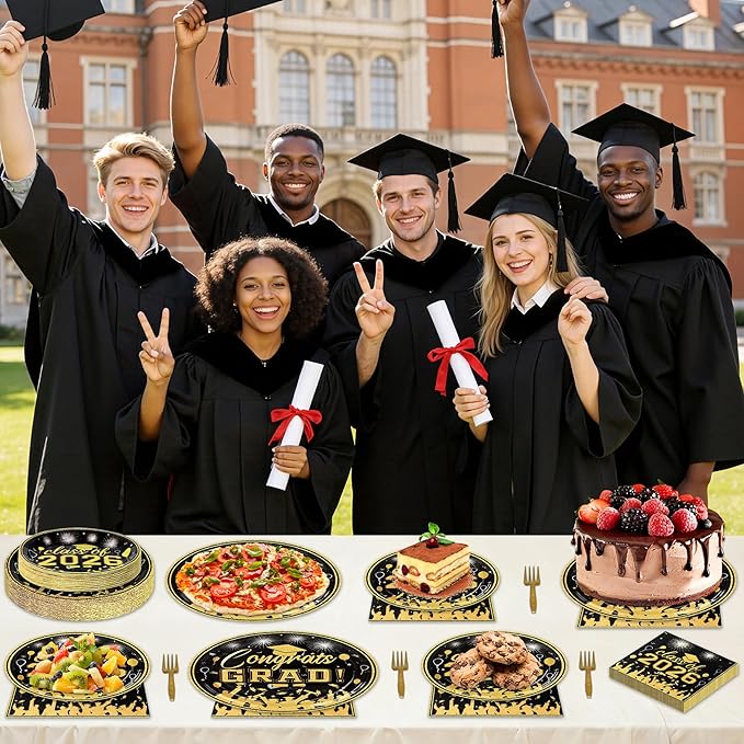100 Pcs Graduation Plates and Napkins, 2026 Black Gold Graduation Disposable Plates and Napkins Party Supplies Set Serves 25, Black Gold Disposable Dinnerware Set for 2026 Decorations Grad Party