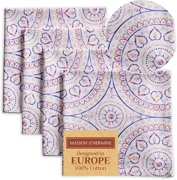 Maison d' Hermine 100% Cotton Cloth Napkins Set of 4 Everyday Reusable Square Napkins Cloth Washable Dinner Party Wedding Restaurant Hotel Kitchen Spring Summer (Mandala, 20" x 20")