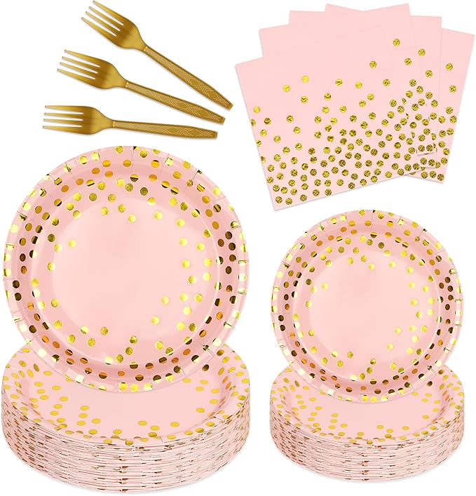 100 Pcs Pink and Gold Paper Plates and Napkins Party Supplies,Serves 25 Guests Pink Gold Plates and Napkins,Disposable Paper Tableware Set for Birthday Wedding Bridal Shower Baby Shower Decorations