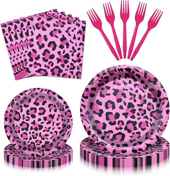100 Pieces Pink Leopard Print Party Tableware Set – Hot Pink Cheetah Plates, Napkins and Forks, Disposable Dinnerware for Girls Birthday, Baby Shower and Safari Party Supplies