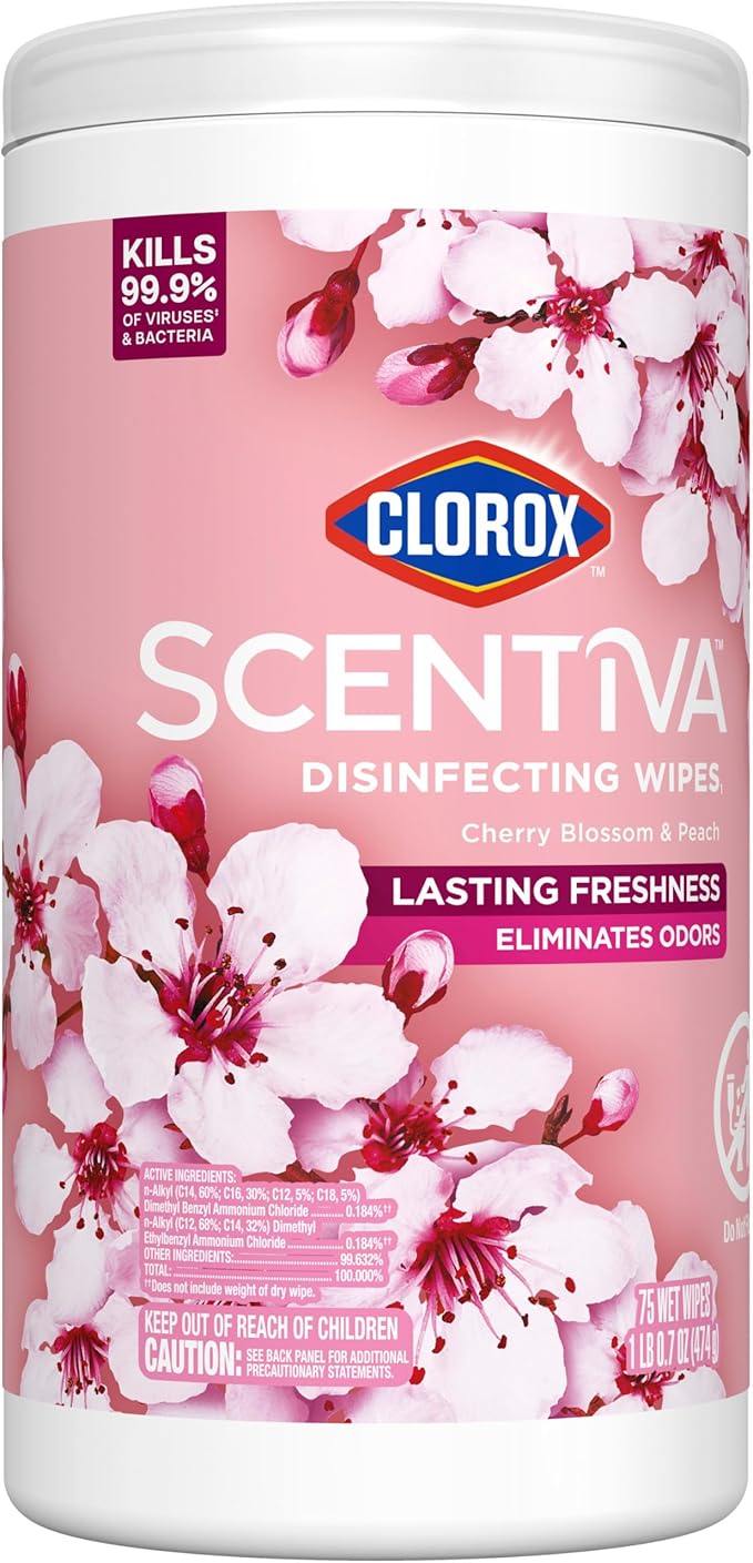 Clorox Scentiva Disinfecting Wipes, Cherry Blossom and Peach, Antibacterial, 75 Count
