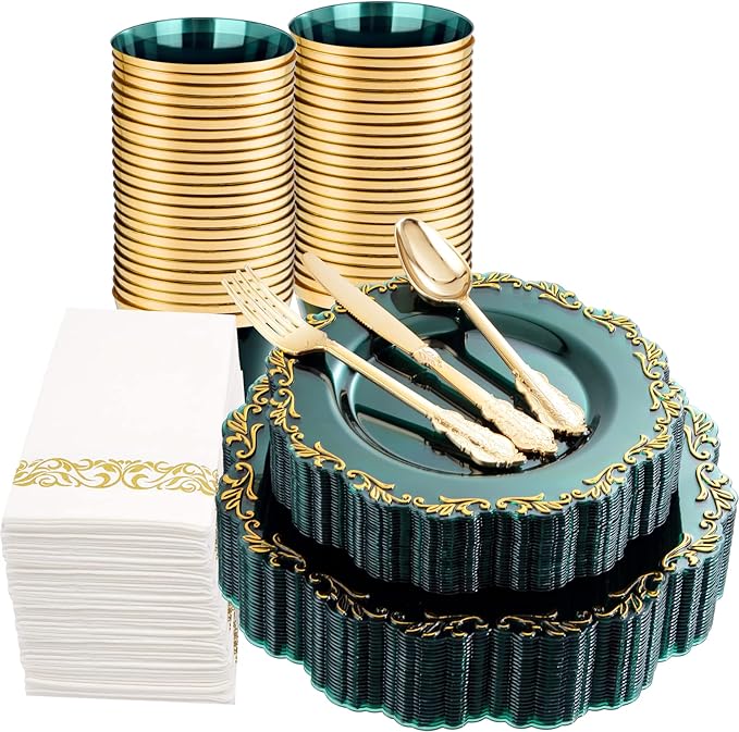 PULOTE 175PCS Clear Green Plastic Plates & Gold Plastic Silverware & Clear Green Cups & Gold Napkins Service 25 Guest for Party&Christmas