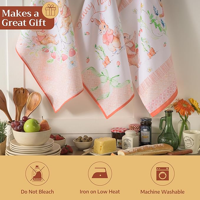 Maison d' Hermine Kitchen Towels Set of 3 100% Cotton 27.50" x 20" Reusable Cloth Tea Dish Towels Absorbent with Hanging Loop for Kitchen Farmhouse Hotel Spring Summer - Bunny Party