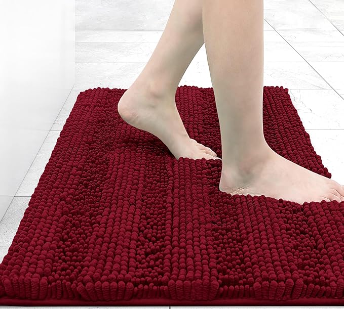 Grandaily Chenille Striped Bathroom Rugs 30x20, Extra Thick and Absorbent Bath Mats, Non-Slip Soft Plush Shaggy Shower Carpet, Machine Wash Dry, Bath Rug for Bathroom, (Medium, Red)
