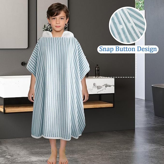 VOOVA & MOVAS Hooded Poncho Towel for Teens Unisex 100% Cotton Calm Gentle Beach Swim Bath Cover Up Teal White Stripe