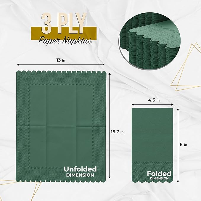 Party Solids Dark Green Scalloped Napkins Disposable 100 Pcs 3-Ply Dark Green Scalloped Dinner Napkins Disposable Decorative for Dinners & Parties, Paper Guest Towels for Bathroom & Party Supplies
