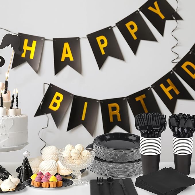 Kochorie 350 Pieces Black Dinnerware Set, 7 & 9 inch Dessert Paper Plates Cups Napkins Plastic Cutlery Disposable Party Supplies for Birthday Baby Shower Wedding, Serve 50 Guests