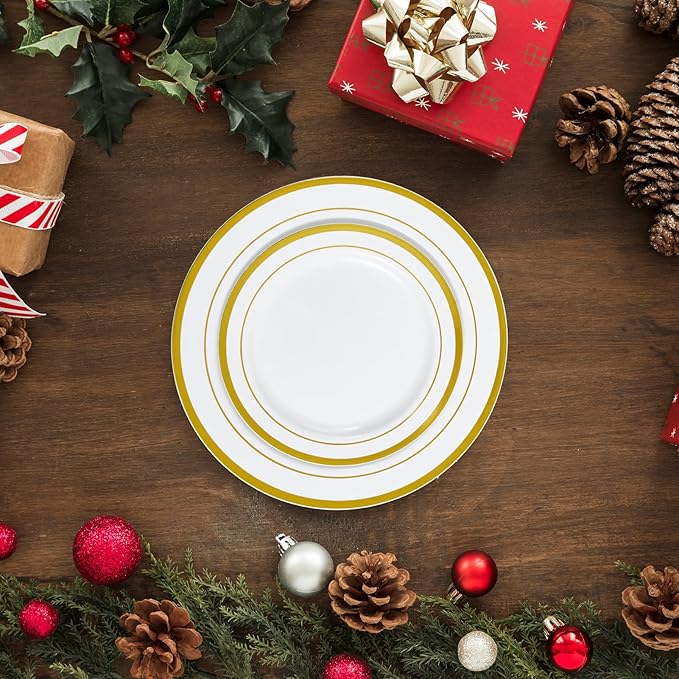 JollyPack 100 Piece Disposable Gold Plastic Party Plates, Including 50 10 Inch Dinner Plates and 50 7 Inch for Dessert, Great for Parties, Weddings, Home Use, and Thanksgiving